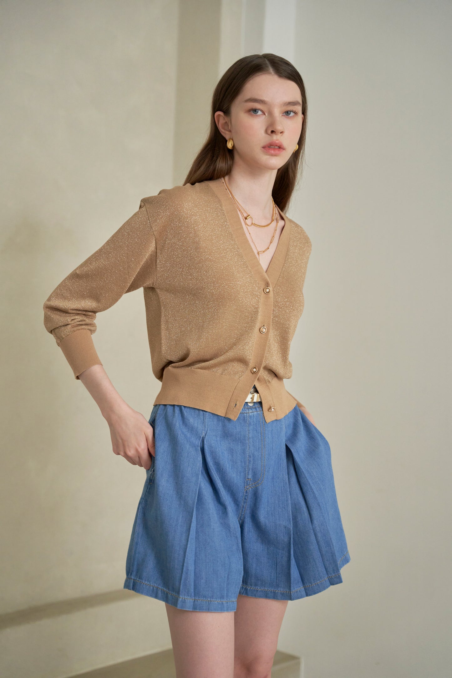 MIJU Glow gold button semi-crop knit cardigan - Gold