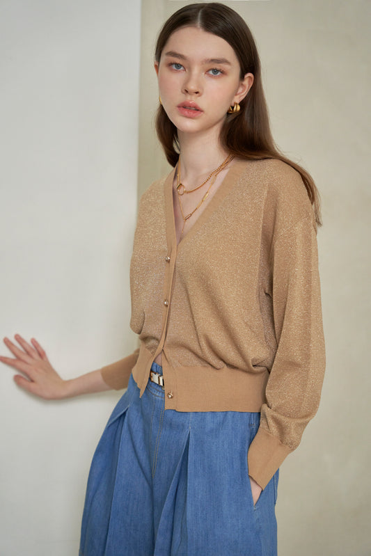 MIJU Glow gold button semi-crop knit cardigan - Gold