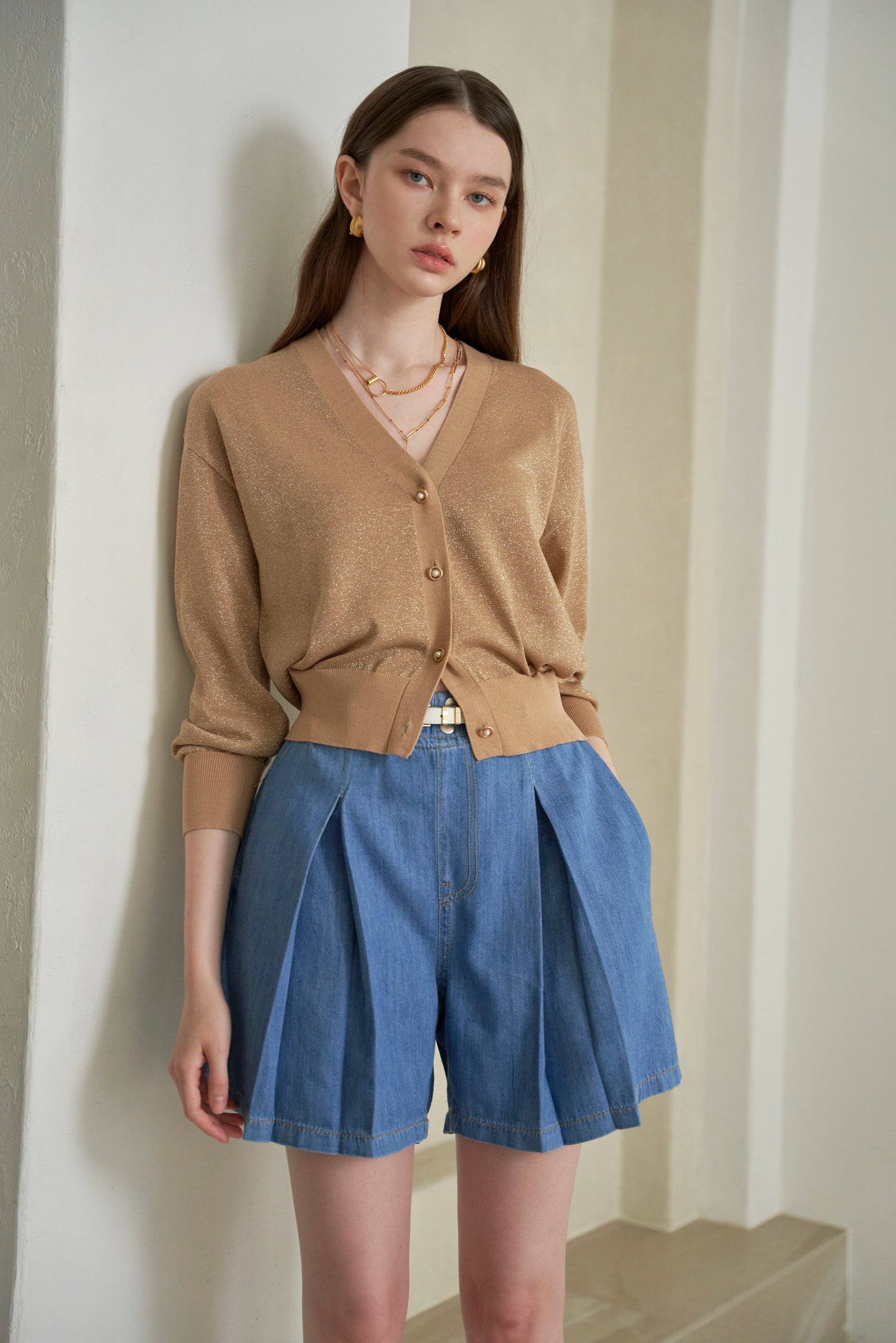 MIJU Glow gold button semi-crop knit cardigan - Gold