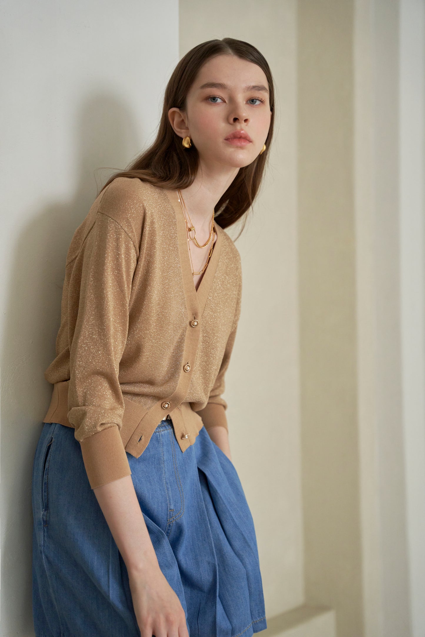 MIJU Glow gold button semi-crop knit cardigan - Gold